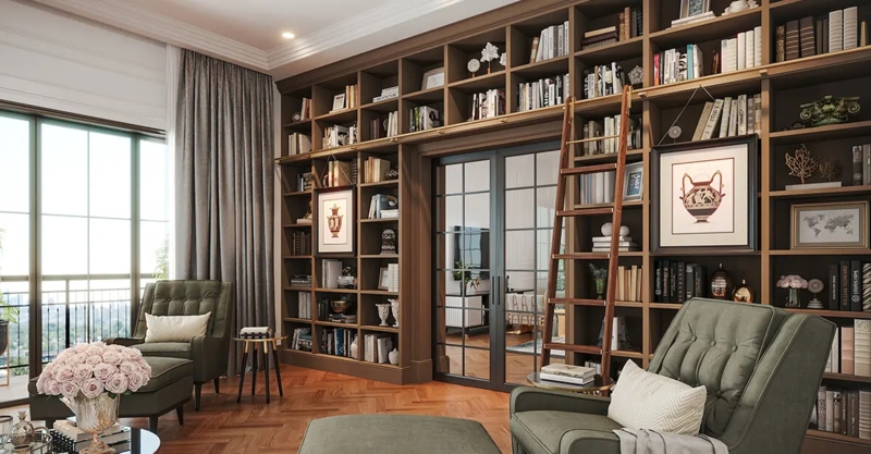 Custom Built-In Bookcase Floor To Ceiling with Rolling Ladder System
