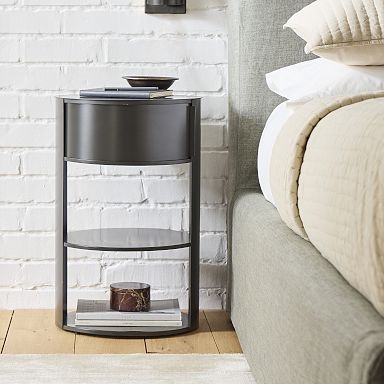 Cylindrical Nightstand, Dark Metal Finish, Open Shelves, Drawer