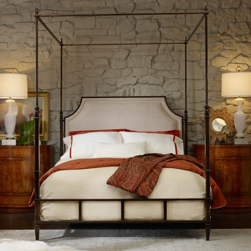 Dark Bronze Canopy Bed with Upholstered Nailhead Trim Headboard