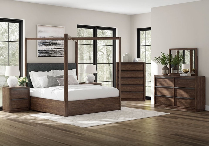 Dark Brown Canopy Bed Set with Charcoal Upholstered Headboard Contrast