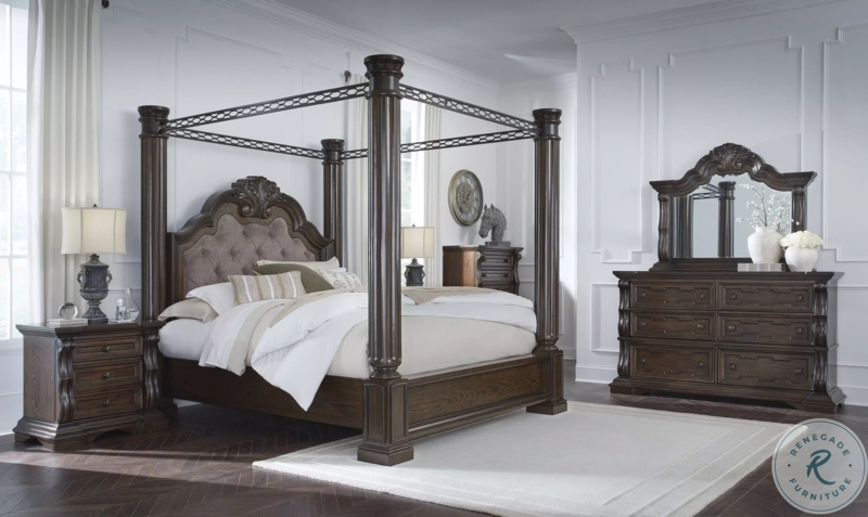 Dark Brown Canopy Bed with Tufted Arched Headboard and Fluted Posts