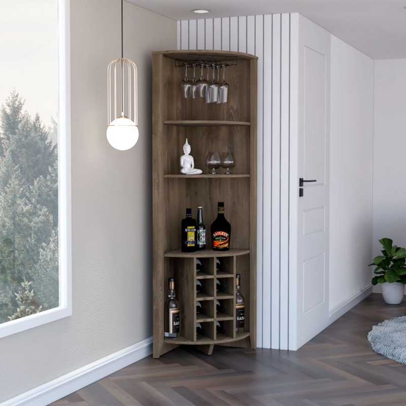 Dark Brown Corner Bar Cabinet with Integrated Wine Rack