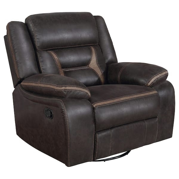 Dark Brown Glider Recliner, Leather-Like with Tan Contrast Piping