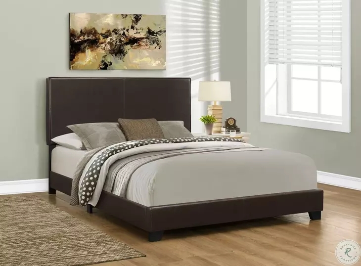 Dark Brown Leather-Like Platform Bed with Rectangular Headboard