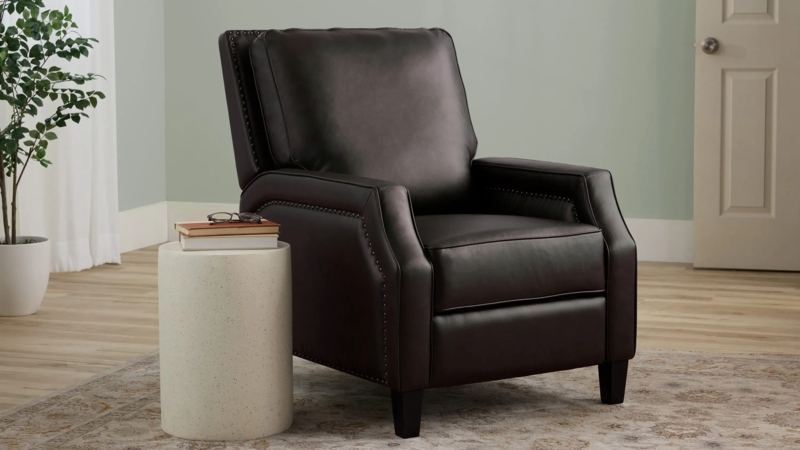 Dark Brown Leather Like Recliner with Track Arms and Nailheads