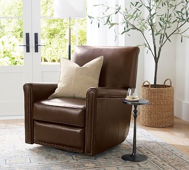 Dark Brown Leather Look Swivel Glider Recliner Rolled Arms