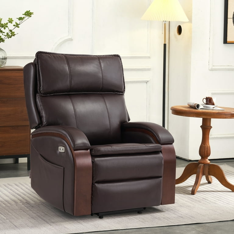 Dark Brown Power Lift Recliner with Wood Armrest Panels