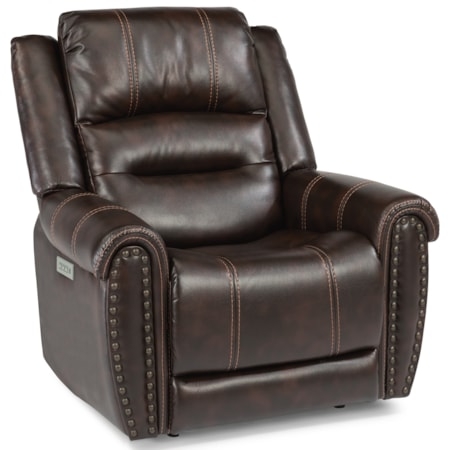 Dark Brown Power Recliner with Nailhead Trim & Stitching