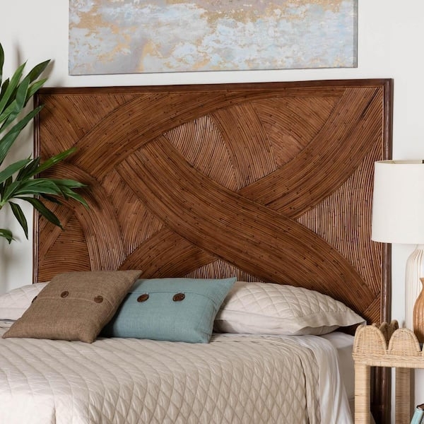 Dark Brown Rattan Headboard with Overlapping Woven Arc Pattern