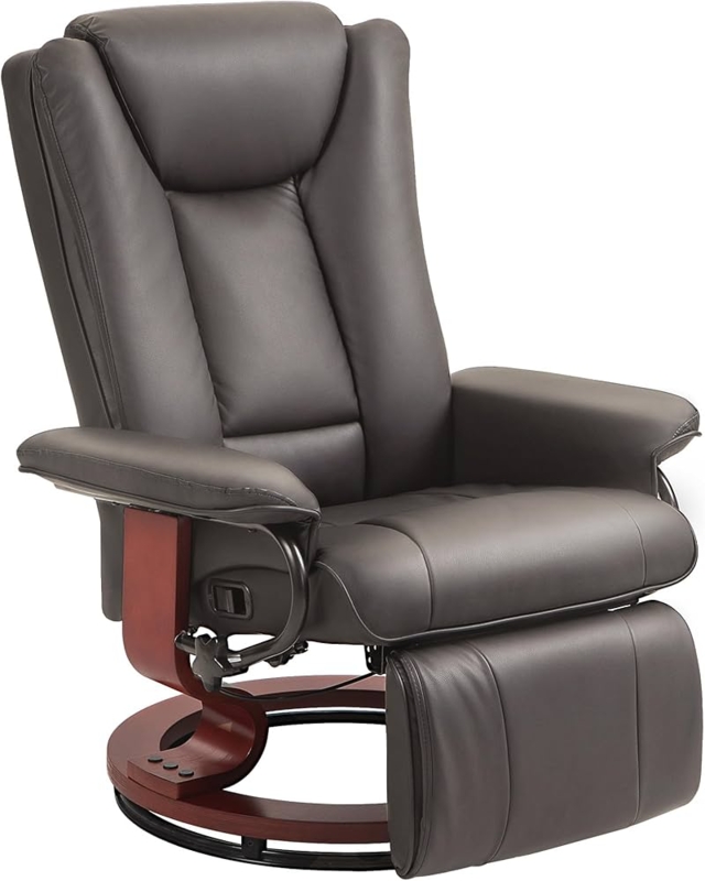 Dark Brown Recliner Chair with Padded Bolster Back and Swivel Ring Base.