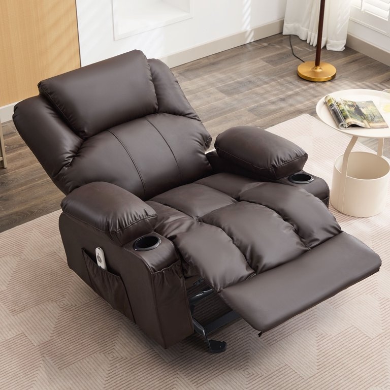 Dark Brown Recliner With Quilted Block Padding And Cup Holders