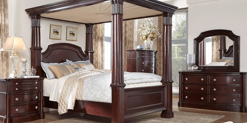 Dark Cherry Canopy Bed Set with Sunburst Pleated Fabric Canopy Top