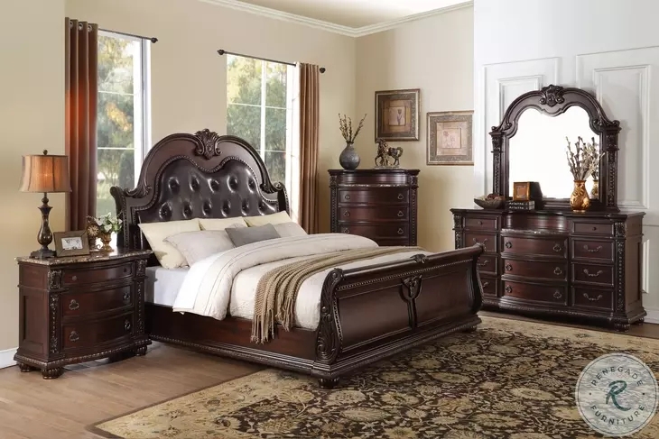 Dark Cherry Sleigh Bedroom Set with Button Tufted Headboard Traditional