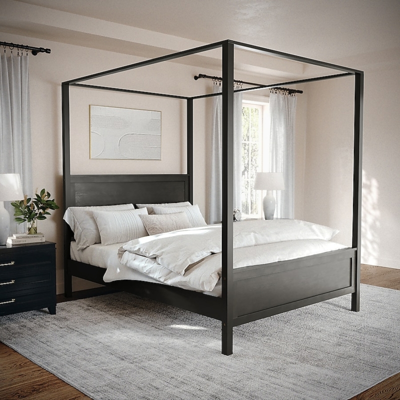Dark Gray Canopy Bed with Minimalist Frame and Solid Panel Headboard