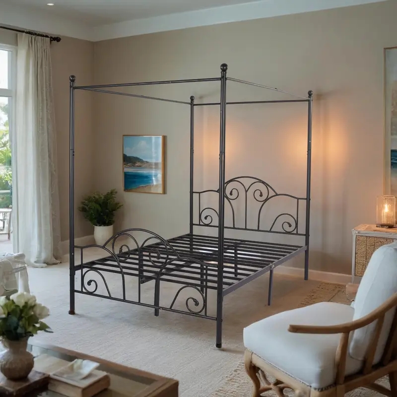 Dark Gray Metal Canopy Bed with Ornate Scrollwork Details