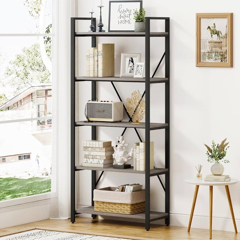 Dark Gray Oak Etagere Bookcase, 5-Tier Industrial Metal X-Brace