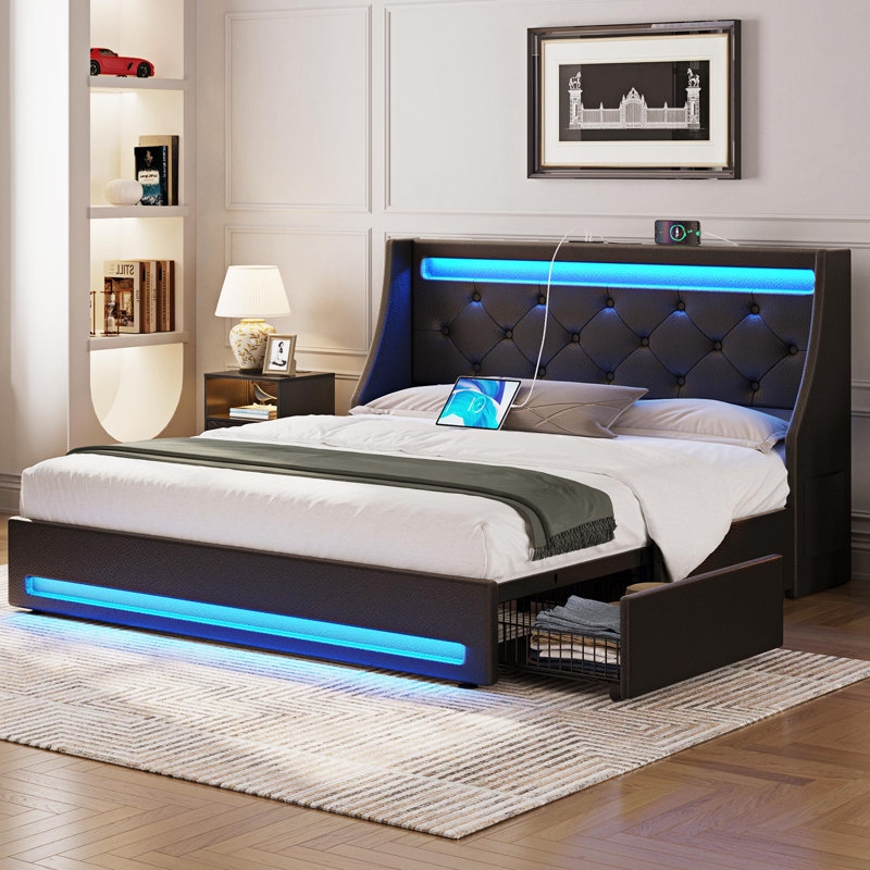 Dark Gray Upholstered Storage Bed with LED & Charging Station