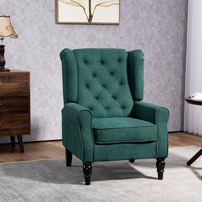 Dark Green Fabric Accent Chair with Diamond Button Tufting
