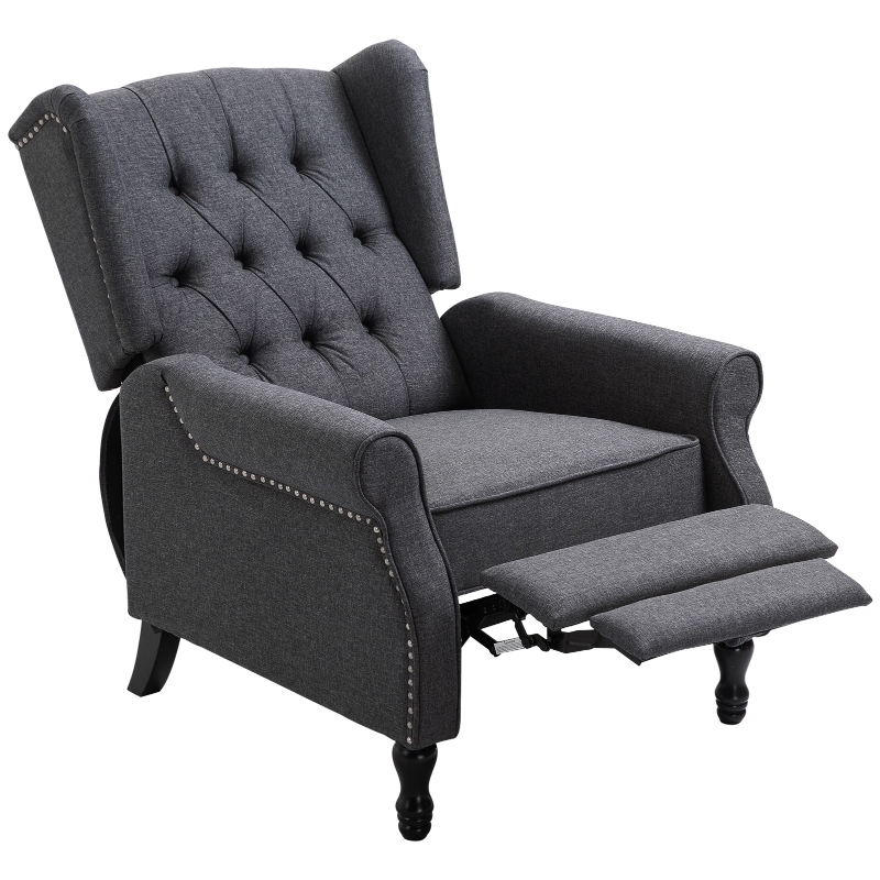 Dark Grey Wingback Recliner with Silver Nailhead Trim and Tufting