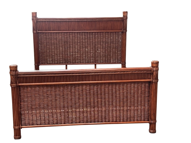 Dark Rattan Bed with Bamboo Style Frame and Woven Basketweave Panels