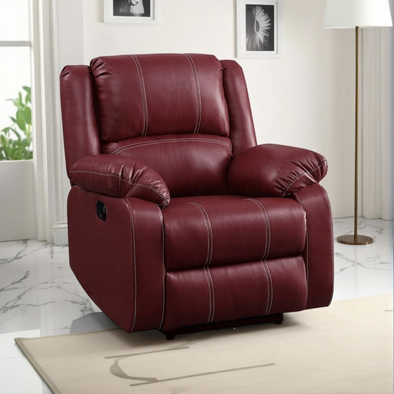 Dark Red Faux Leather Manual Rocker Recliner with Contrast Stitching