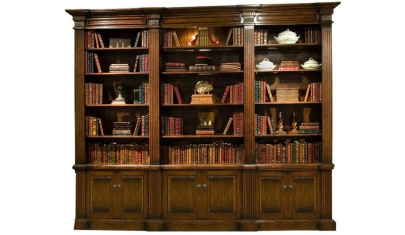 Dark Walnut Bookcase Triple Section with Base Cabinets and Pilasters