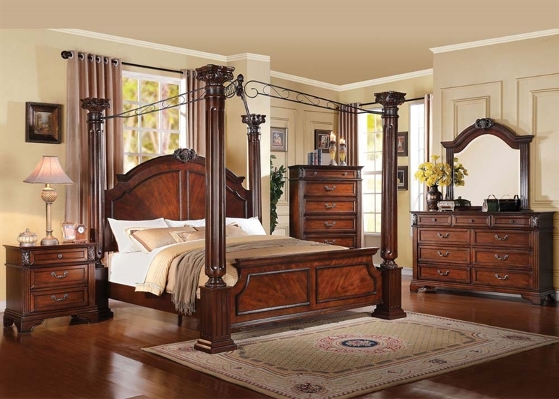 Dark Walnut Canopy Bed with Arched Metal Frame and Ornate Fluted Posts