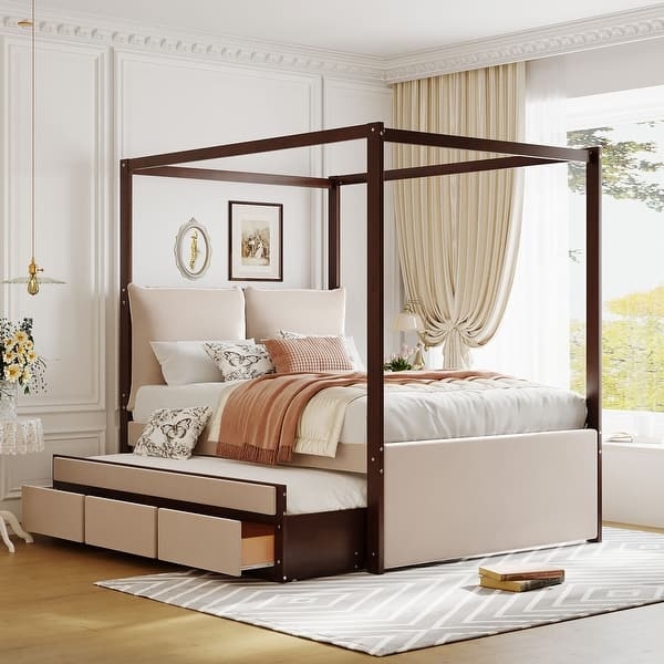 Dark Wood and Beige Upholstered Canopy Bed with Trundle