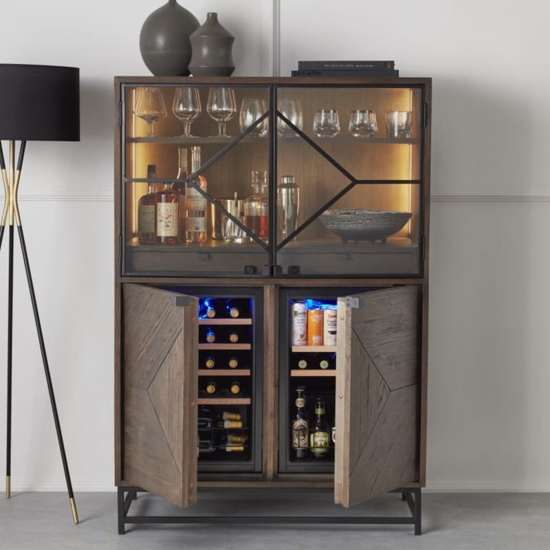 Dark Wood Bar Cabinet Chevron Pattern Integrated Coolers Bar Storage
