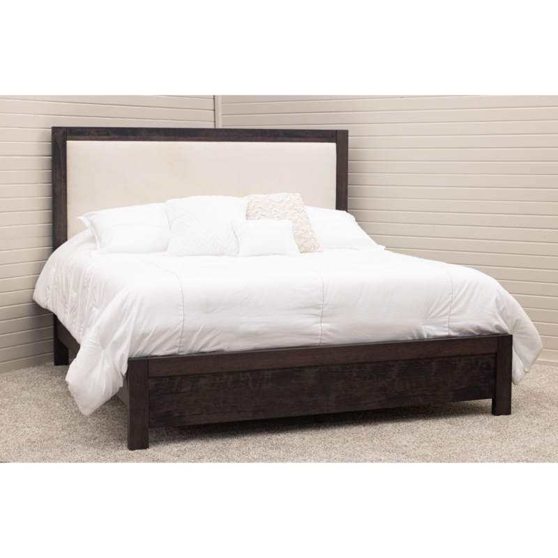 Dark Wood Bed Frame with Cream Upholstered Headboard Insert Panel
