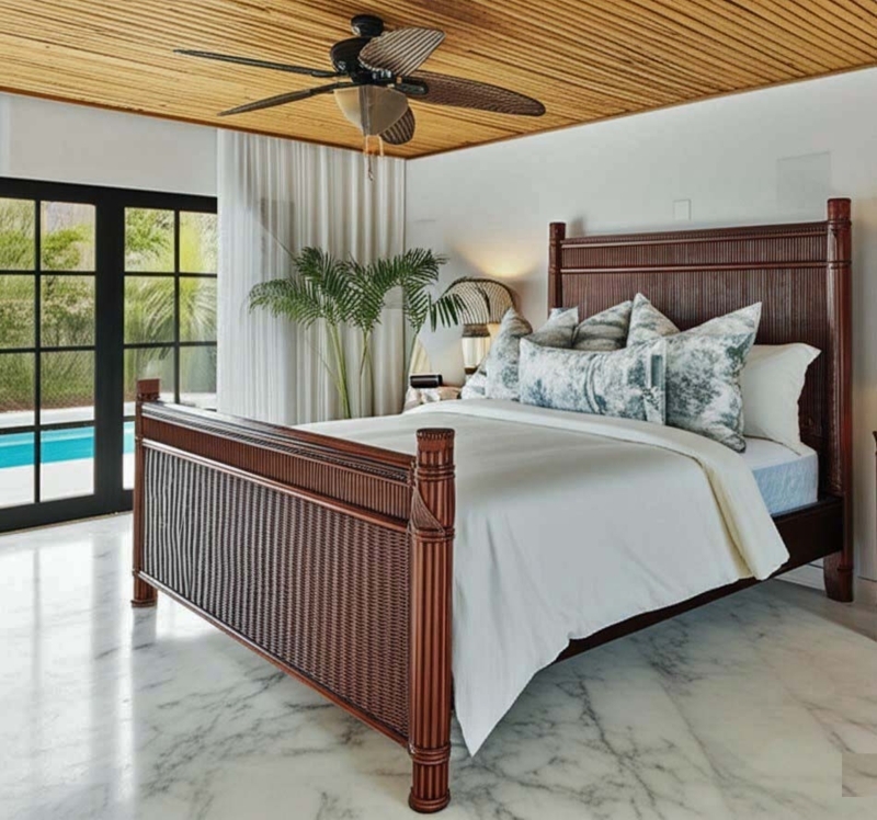 Dark Wood Bed with Reeded Posts and Woven Rattan Panels