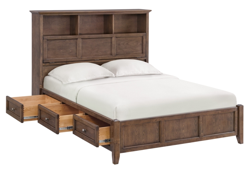 Dark Wood Bookcase Storage Bed Paneled Headboard Underbed Drawers