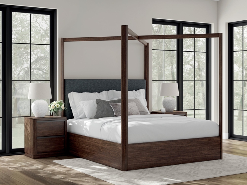 Dark Wood Canopy Bed in Transitional Style with Charcoal Headboard