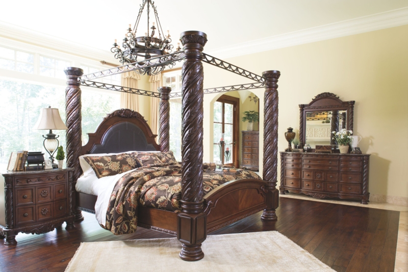 Dark Wood Canopy Bed with Spiral Carved Posts and Metal Canopy Frame