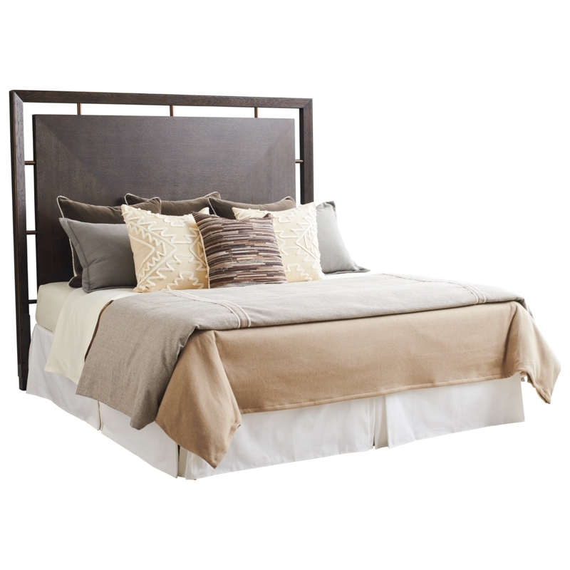 Dark Wood Geometric Headboard with Bronze Metal Frame Accents