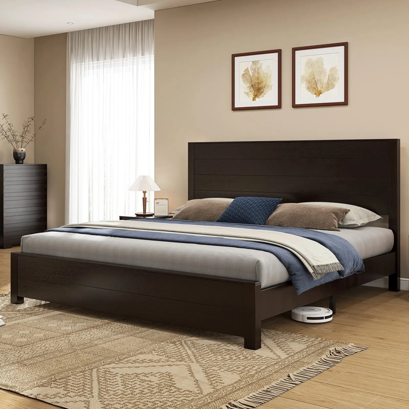 Dark Wood Platform Bed with Tall Paneled Headboard