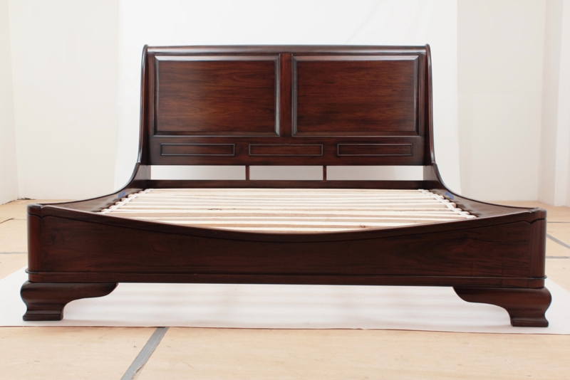 Dark Wood Sleigh Bed Paneled Headboard Mahogany Finish