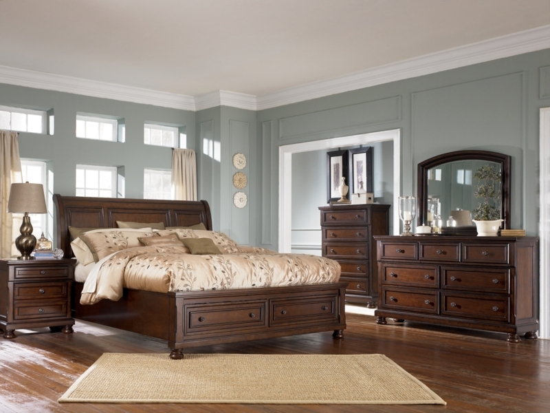 Dark Wood Sleigh Bed with Footboard Storage Drawers and Bun Feet