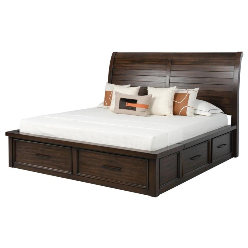 Dark Wood Storage Bed Slatted Sleigh Headboard Integrated Drawers