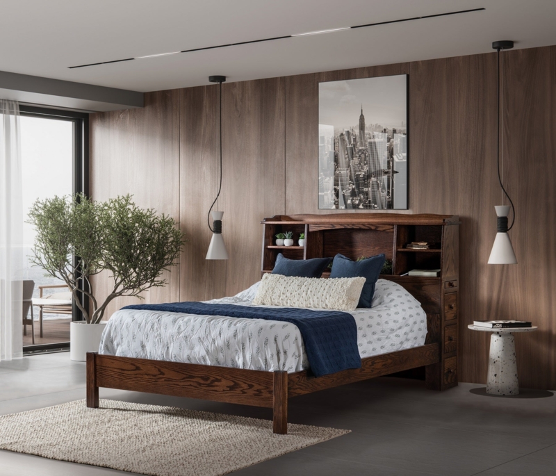 Dark Wood Storage Bed with Bookcase Headboard and Drawers