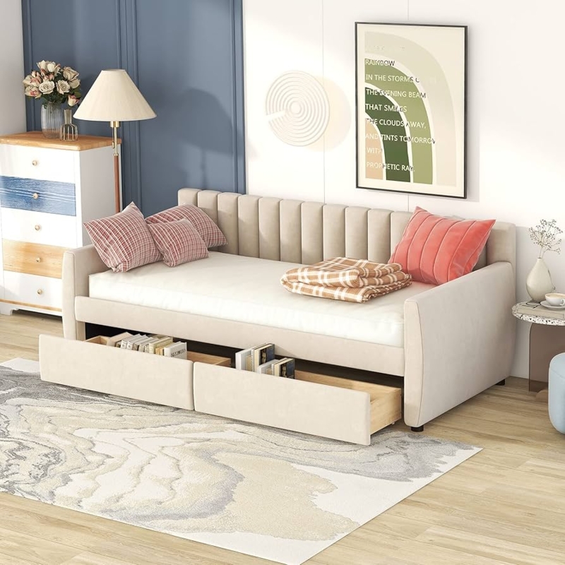 Daybed Beige Channel Tufting Underbed Drawers Curved Armrests Twin