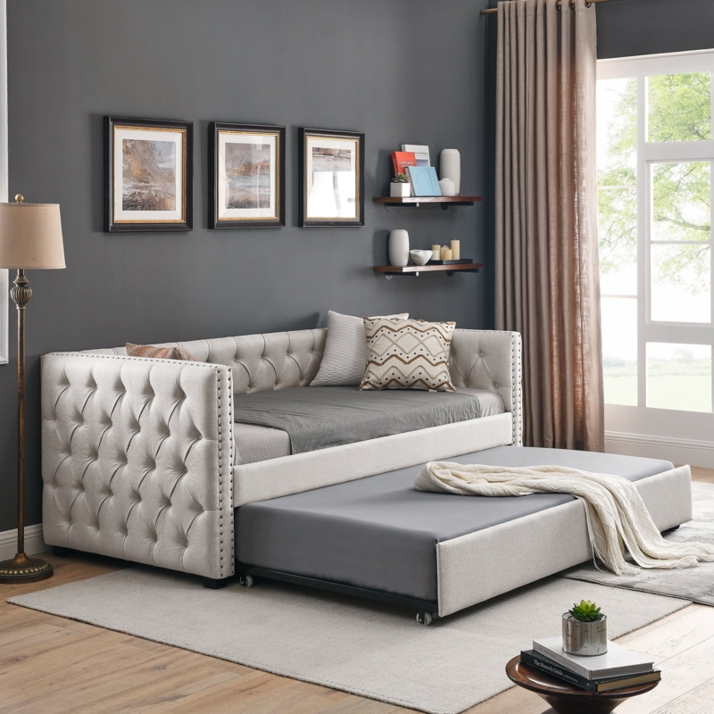 Daybed Beige Linen Like Button Tufted Nailhead Trim Shelter Arm