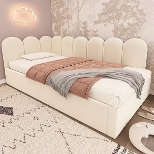 Daybed Beige Velvet Upholstery Scalloped Backrest Corner Frame