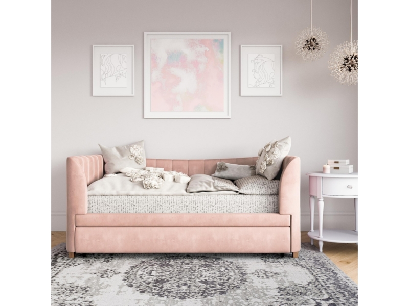 Daybed Blush Pink Velvet Upholstery Vertical Channel Tufting Glam