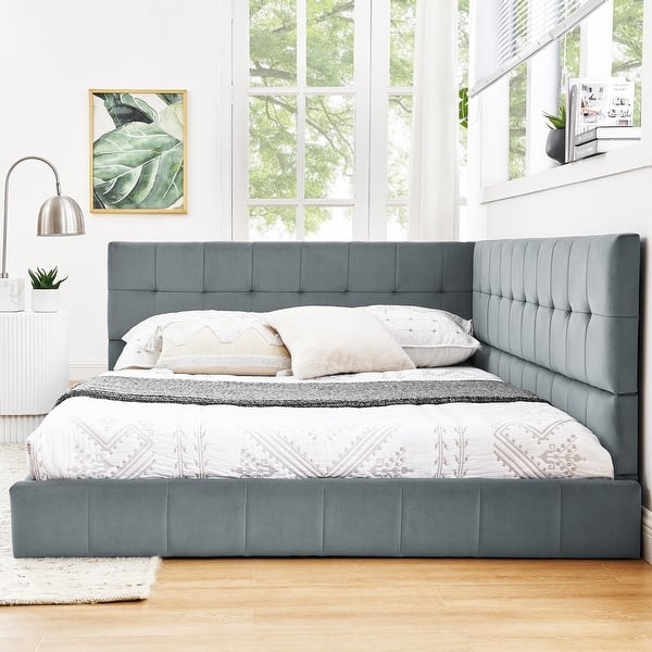 Daybed, Corner Gray Upholstered with L-Shaped Tufted Back