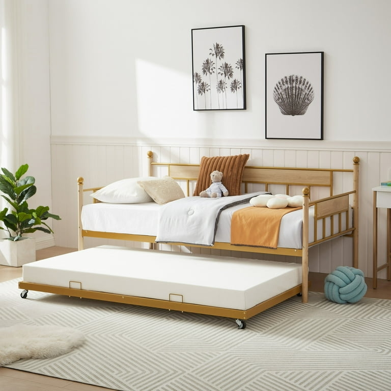 Daybed Gold Metal Frame Wood Toned Accents Integrated Trundle Modern