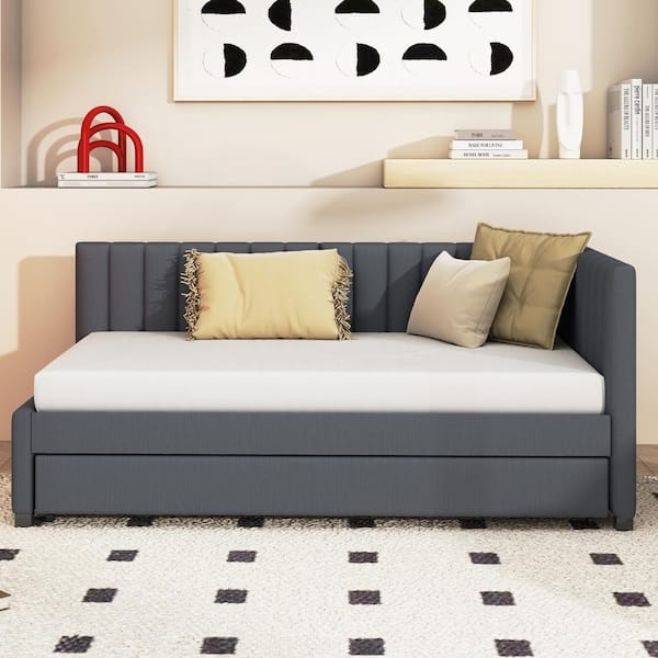Daybed Gray Linen Texture Channel Tufting Integrated Trundle Modern