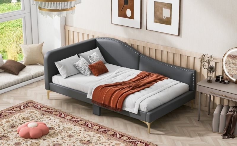 Daybed Grey Upholstered Curved Silhouette Nailhead Detail Gold Legs