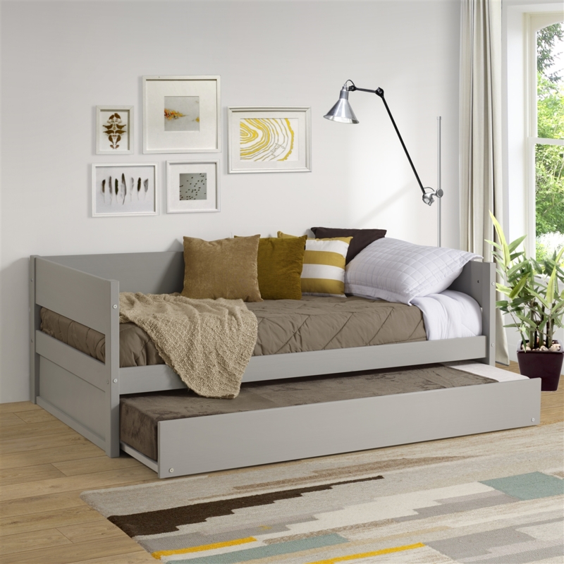 Daybed Grey Wood Panels Pull-Out Trundle Transitional Twin Size
