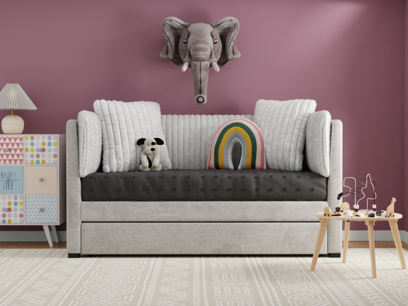 Daybed Light Gray Ribbed Backrest Contrasting Tufted Seat Trundle